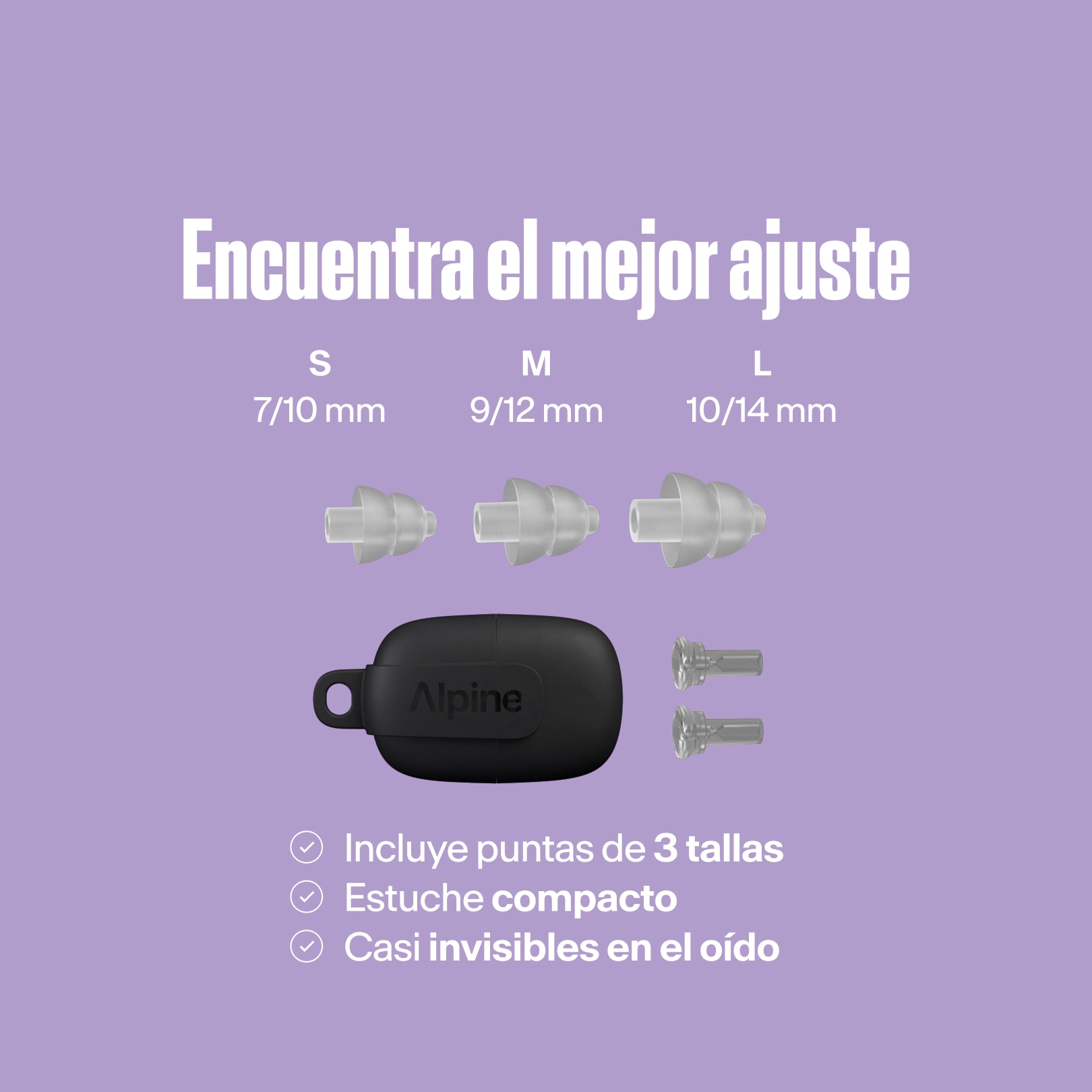 Puntas Alpine PartyPlug (S/M/L) con estuche compacto, casi invisibles en el oído 