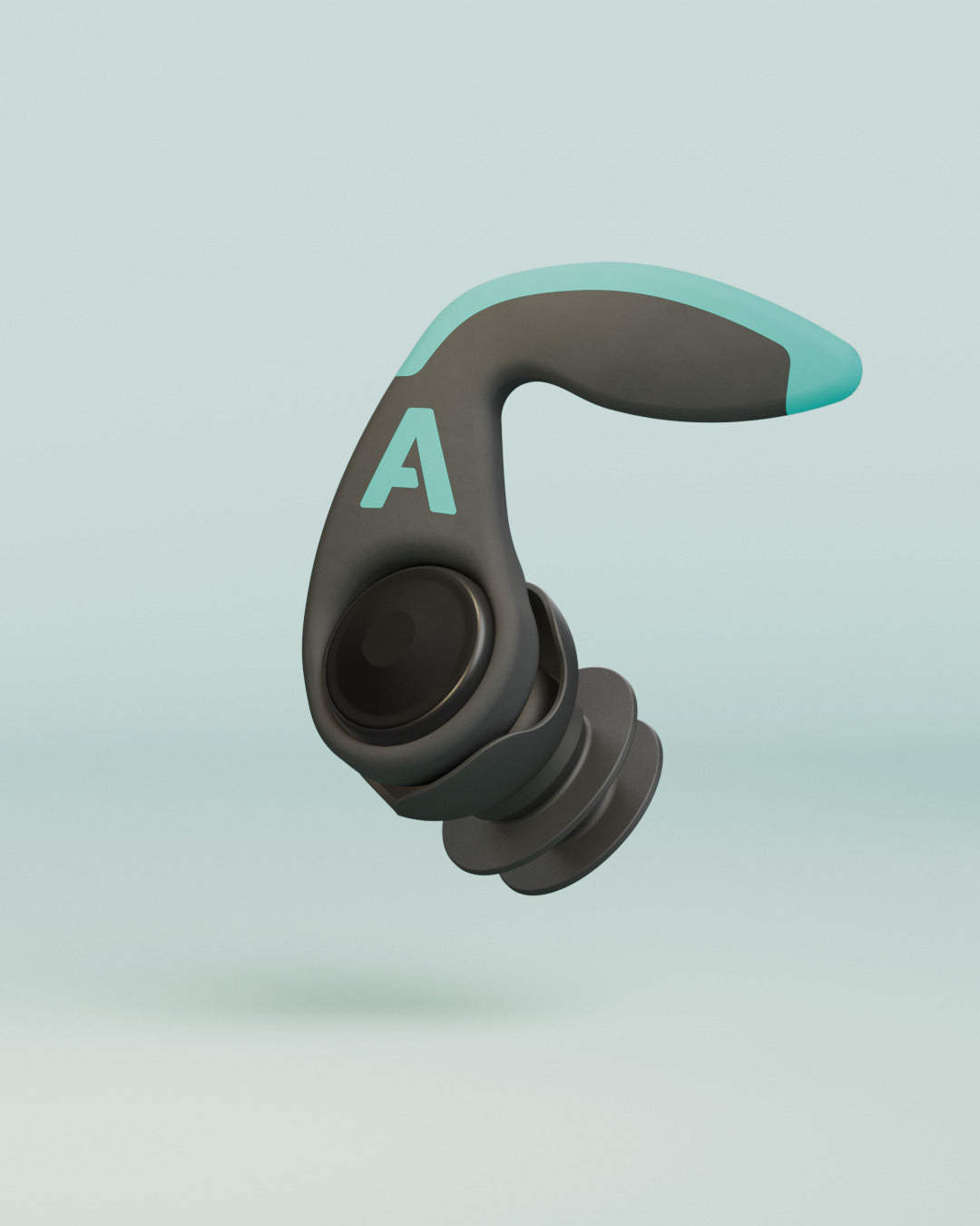 Alpine WaterSafe Pro earplug with ear fin and Alpine logo, 3D render on a light green background 