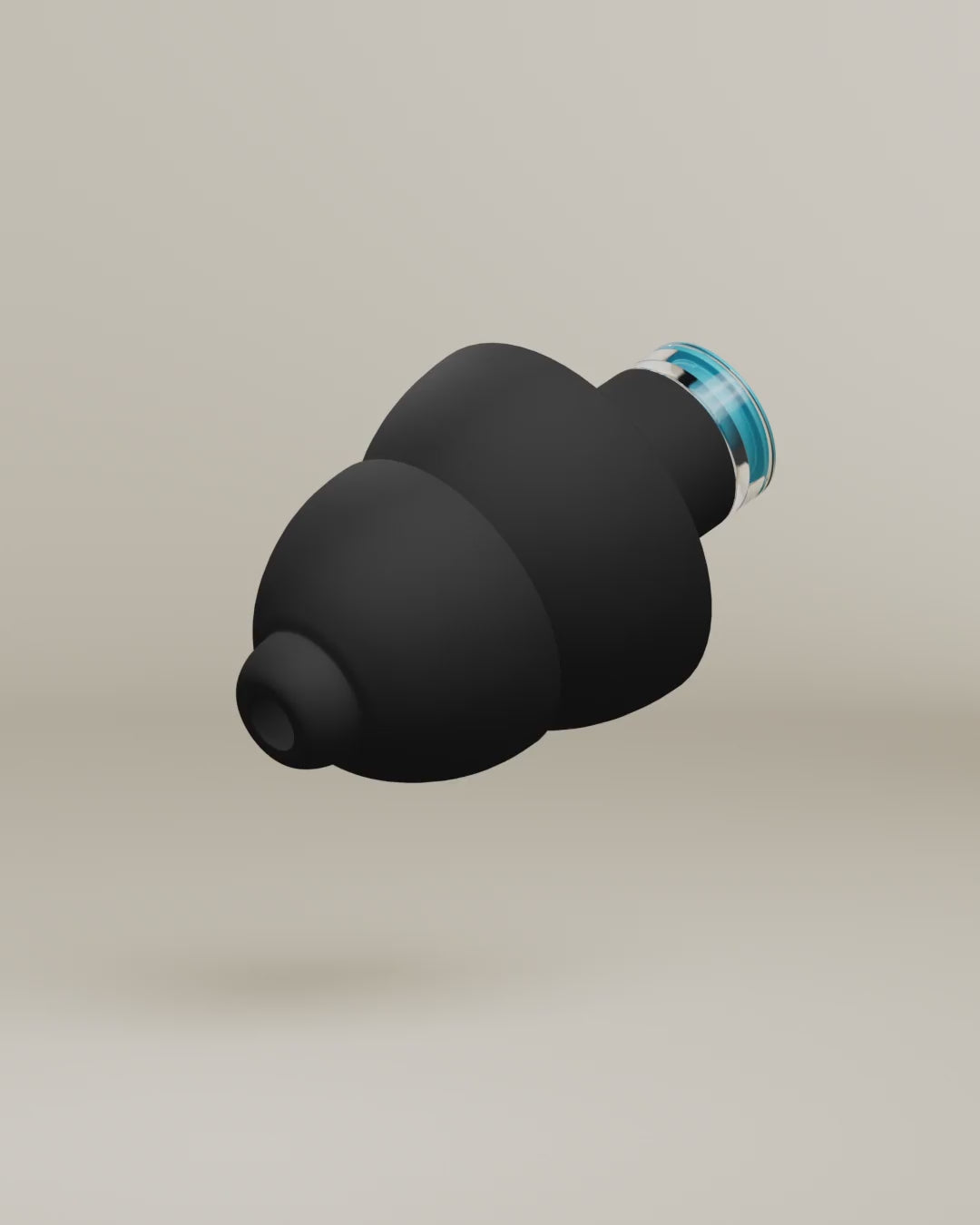 Alpine 24h Le Mans® Earplugs product animation, 3D render of a black earplug with blue filter #pdp_hide