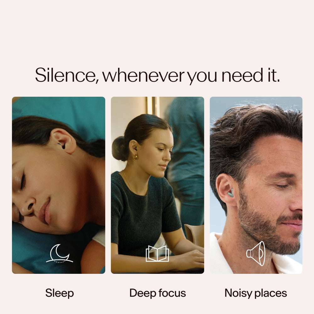 Three people in different states of rest or focus while wearing Alpine Silence in green, with text and icons indicating &