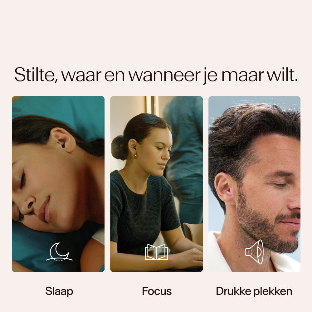 Drie mensen in verschillende staten van rust of concentratie, met Alpine Silence in roze, met tekst en iconen die &